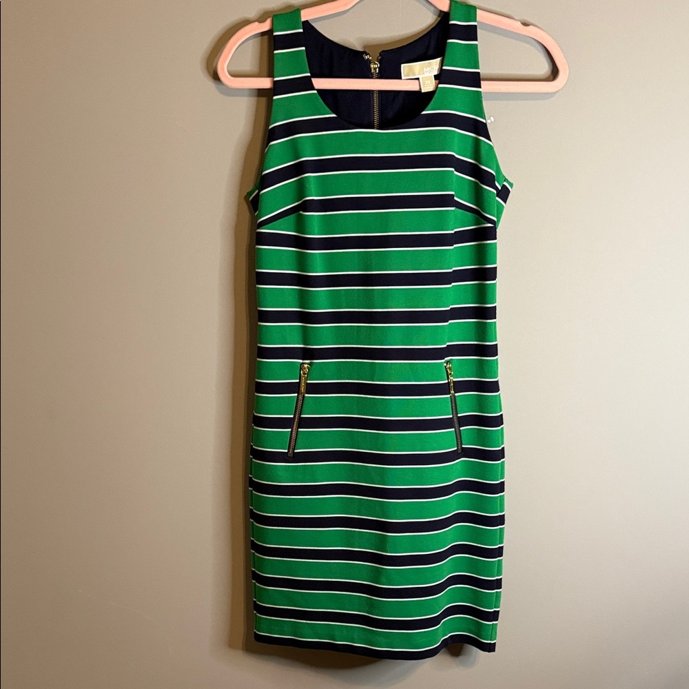 Michael Kors Green and Navy Striped Sleeveless Tank Dress Gold‎ Zippers NWOT XS